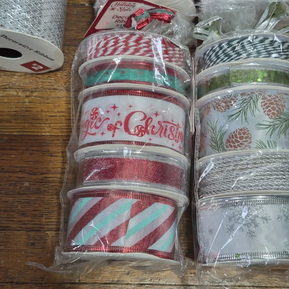 Lot of Christmas Craft Ribbon Wired Holiday Multi Pack Blues Silver Sparkle Cord